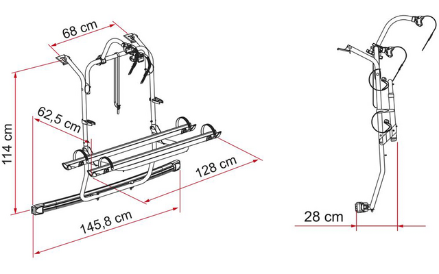 Dessin technique en noir et blanc montrant deux vues d'une structure métallique avec sangles, crochets et tubes ; lignes de cote rouges avec mesures en centimètres : 68 cm, 114 cm, 62,5 cm, 128 cm, 145,8 cm, 28 cm