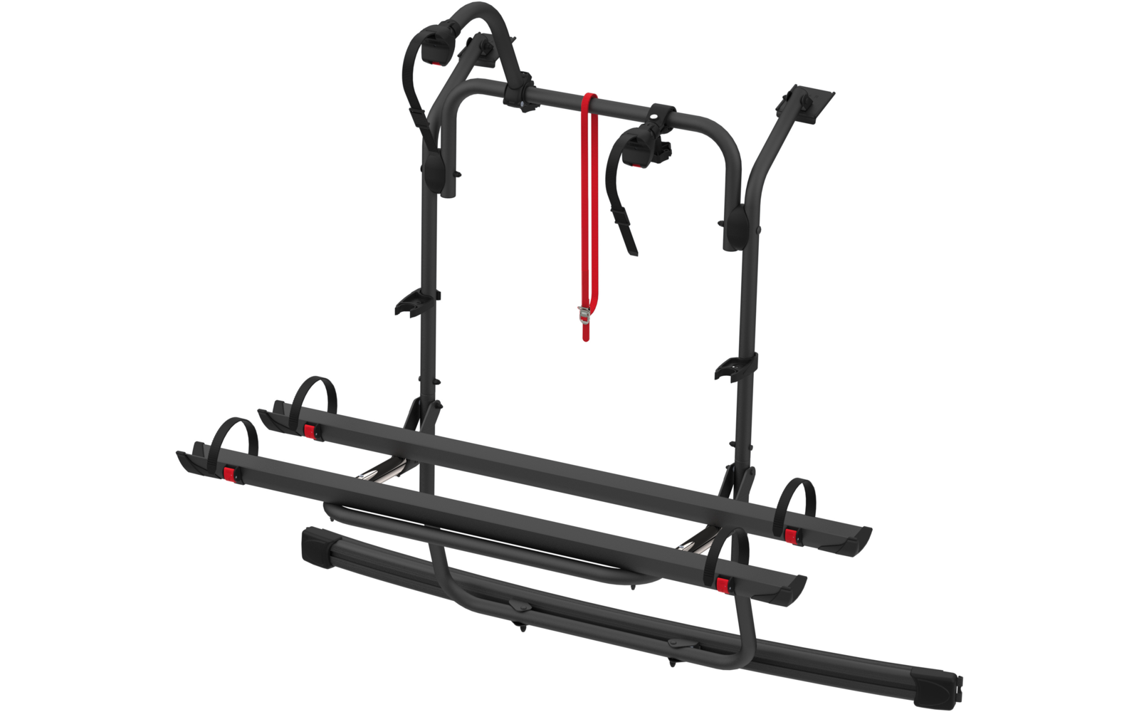 Metalen fietsenrek met rode en zwarte elementen