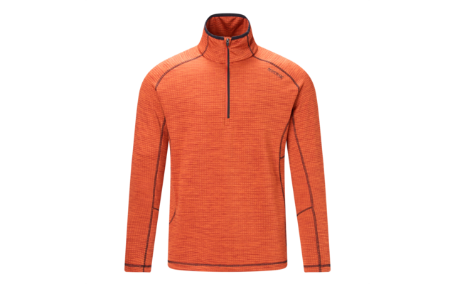 Haut manches longues orange avec fermeture éclair courte à l'avant, col montant, motif texturé discret, lignes de coutures contrastées et petit logo sur le haut de la poitrine