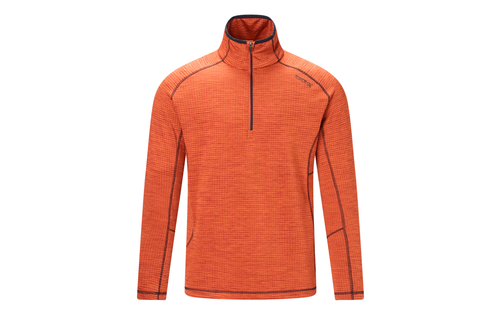 Haut manches longues orange avec fermeture éclair courte à l'avant, col montant, motif texturé discret, lignes de coutures contrastées et petit logo sur le haut de la poitrine