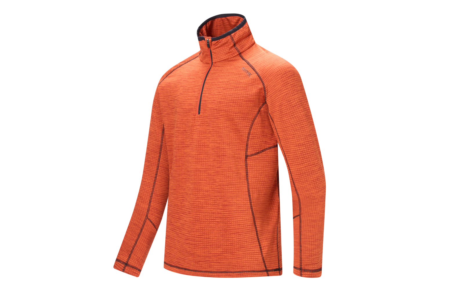 Pull orange à manches longues, col montant et zip court sur le devant, coutures foncées visibles, texture tricot, isolé sur fond blanc