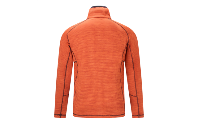 Vue arrière d'une veste orange à manches longues avec col montant, fine texture gaufrée et coutures contrastantes foncées sur fond blanc