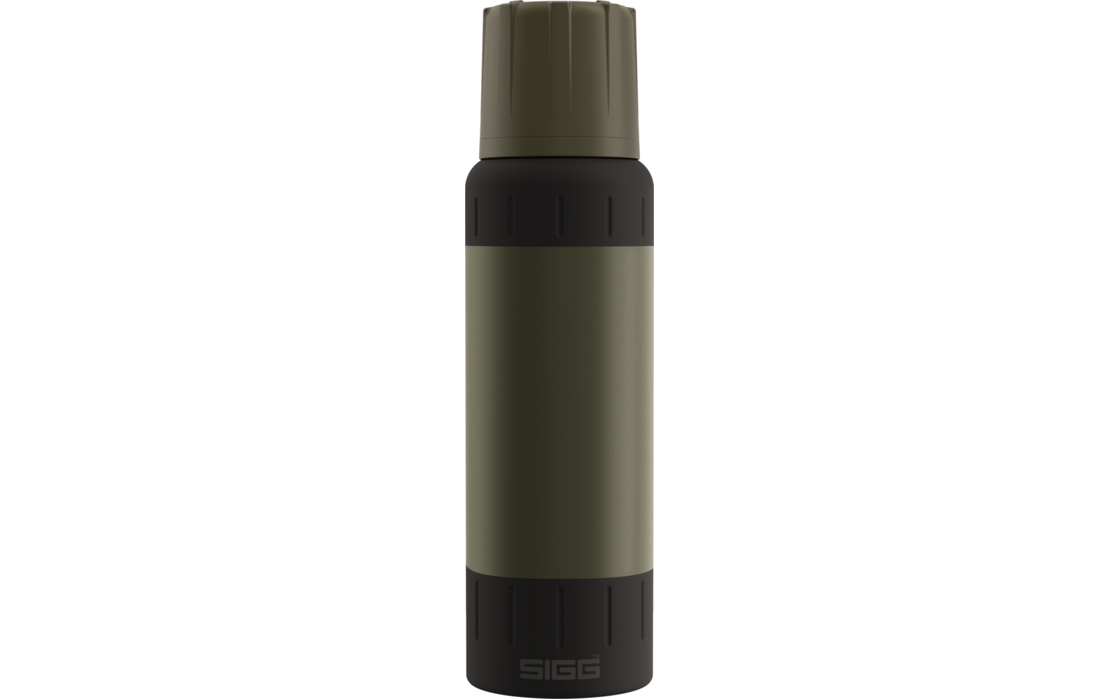 Olivegrüne, zylindrische Flasche mit schwarzem Deckel, schwarzen Einsätzen oben und unten und SIGG-Logo an der Basis