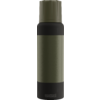 Olivegrüne, zylindrische Flasche mit schwarzem Deckel, schwarzen Einsätzen oben und unten und SIGG-Logo an der Basis