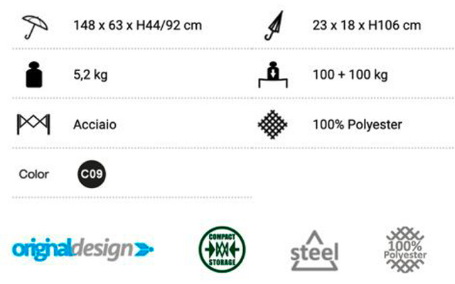Pictogrammes et spécifications du produit : 148 x 63 x H44/92 cm; 23 x 18 x H106 cm; 5,2 kg; 100 + 100 kg; Acciaio; 100% Polyester; Color C09; Logos : original design, COMPACT BOX STORAGE, steel, 100% polyester