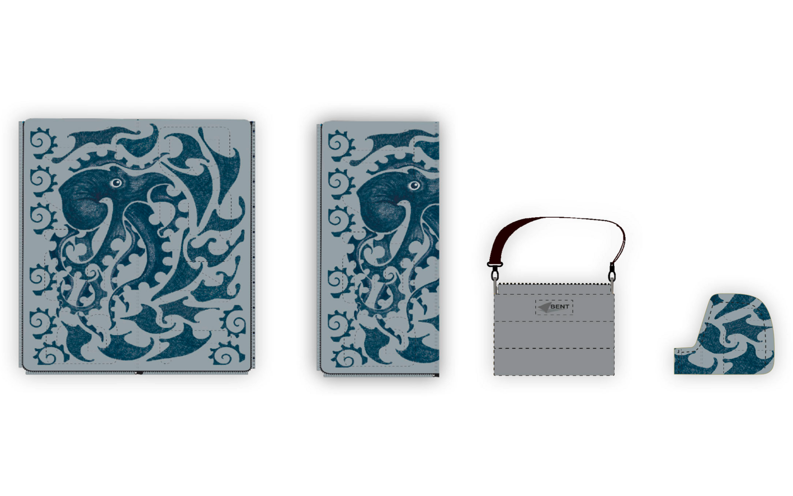 Quatre objets côte à côte : à gauche un objet carré avec des lignes ornementales ondulées bleu foncé-turquoise sur un fond clair ; ensuite un objet rectangulaire étroit avec le même motif ; puis un objet rectangulaire gris clair avec une poignée brun foncé et des coutures visibles ; à droite un petit objet arrondi avec le même motif