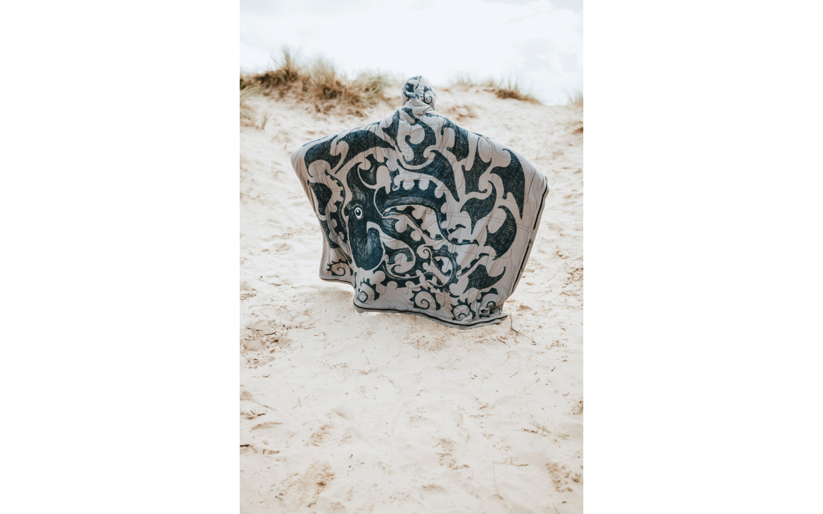 Objet à motif bleu et blanc à sommet arrondi posé sur du sable clair, dunes avec herbe sèche et ciel nuageux en arrière-plan