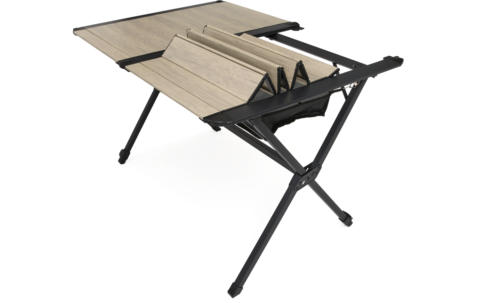 Klapptisch mit hellem Holzlatten-Tischblatt und schwarzem Metallgestell mit X-förmigen Beinen, in der Mitte gefaltete Holzplatten
