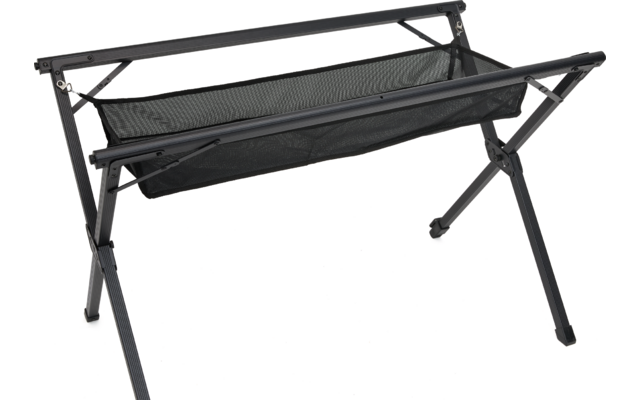 Schwarzes Metallgestell mit X-förmigen Beinen und dazwischen gespannter schwarzer Stoffablage