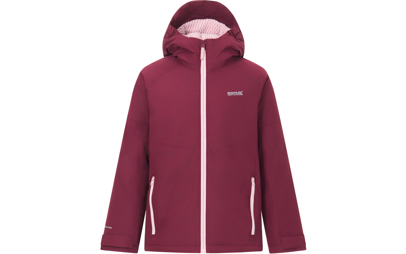 Bordeauxrote Kapuzenjacke mit hellrosa mittigem Reißverschluss, zwei seitlichen Reißverschlusstaschen, sichtbarem Brustlogo und gemusterter Kapuzeninnenseite