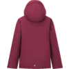 Rückansicht einer weinroten Jacke mit Kapuze und kleinem quadratischem Logo am Saum