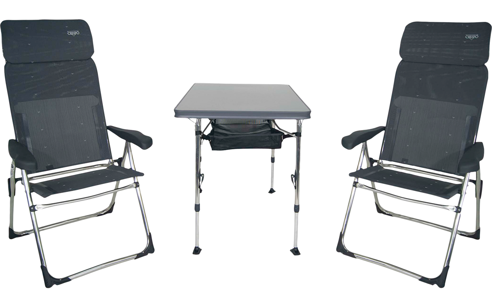 Zwei dunkelgraue Stühle mit Metallgestell und Armlehnen, dazwischen ein kleiner quadratischer Tisch mit Metallbeinen