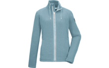 Giacca azzurro chiaro a coste con cerniera bianca centrale, collo alto con coulisse, due tasche frontali, piccolo patch logo sul braccio sinistro alto