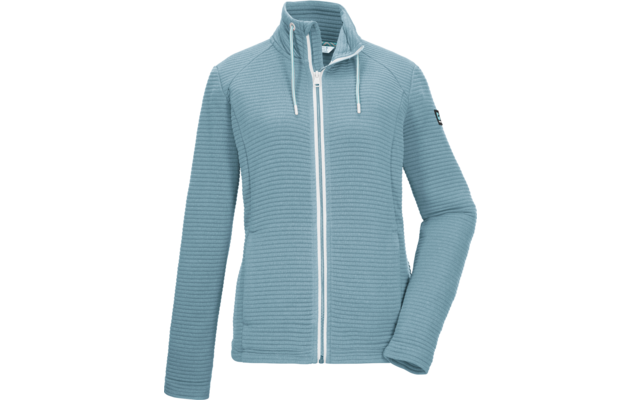 Giacca azzurro chiaro a coste con cerniera bianca centrale, collo alto con coulisse, due tasche frontali, piccolo patch logo sul braccio sinistro alto