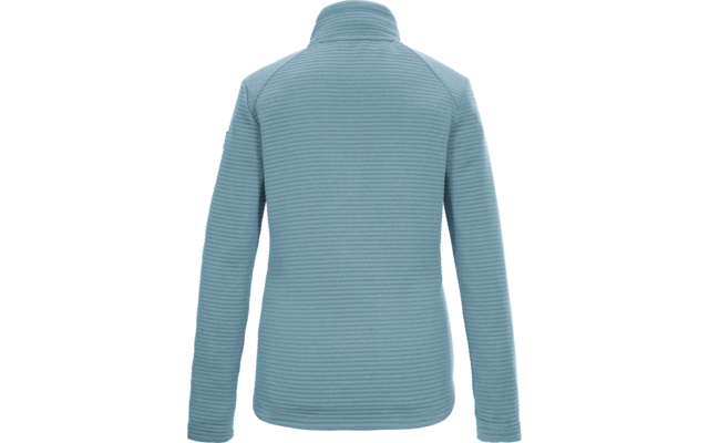 Vista posteriore di una giacca azzurro chiaro a coste con collo alto e maniche lunghe