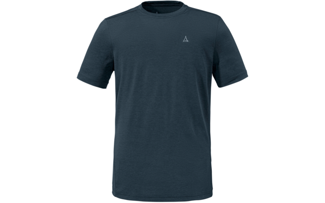 Dunkelblaues kurzärmeliges T-Shirt mit Rundhalsausschnitt und kleinem weißem Dreieck-Logo auf der linken Brust