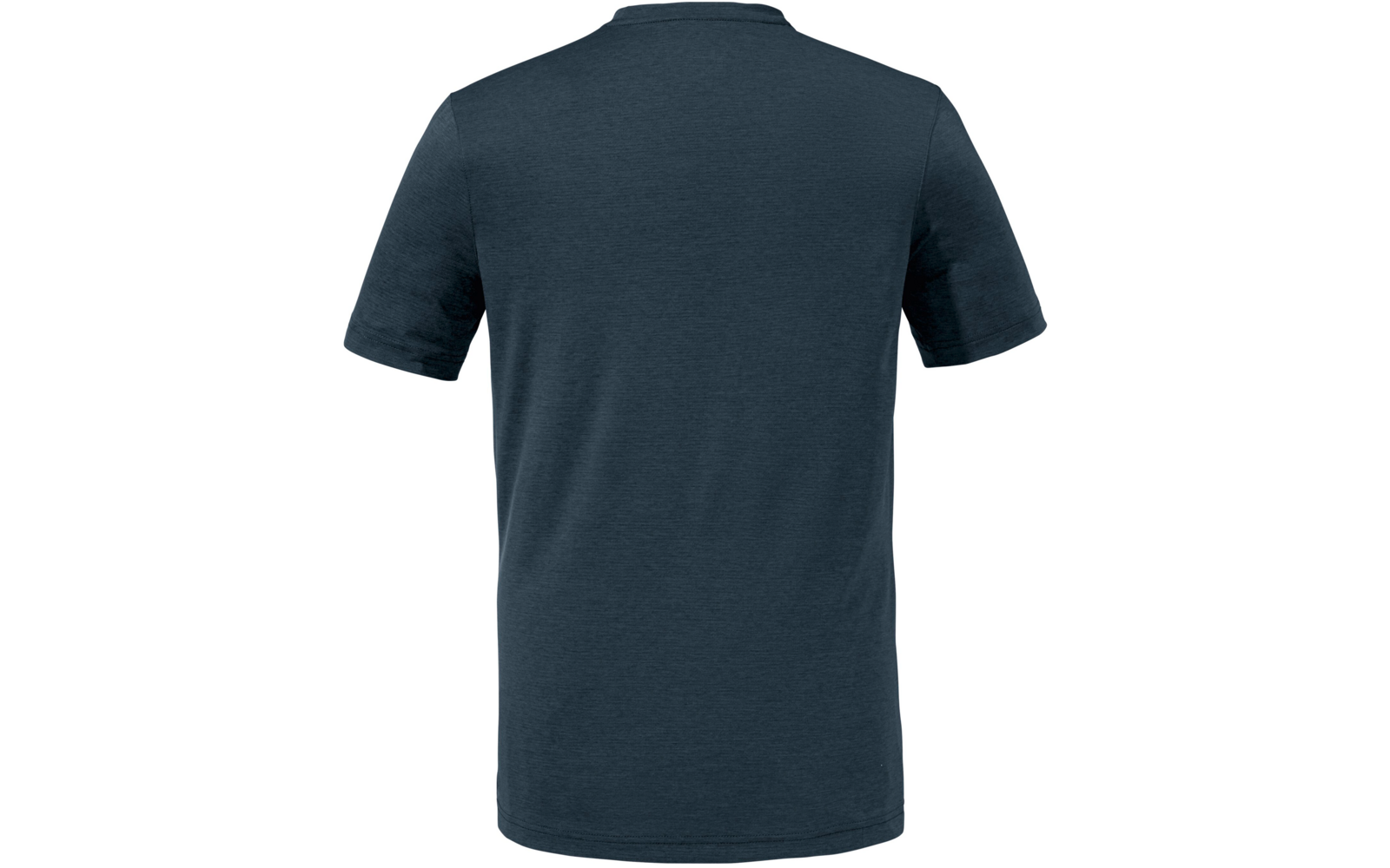 Rückansicht eines dunkelblauen Kurzarm-T-Shirts auf weißem Hintergrund