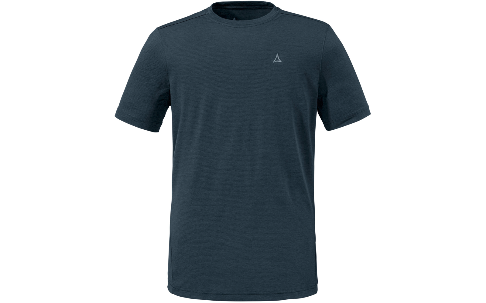 Dunkelblaues kurzärmeliges T-Shirt mit Rundhalsausschnitt und kleinem weißem Dreieck-Logo auf der linken Brust