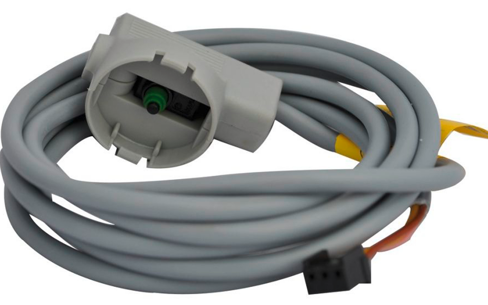 Grau gewickeltes Kabel mit grauem Anschluss und mehreren Adern