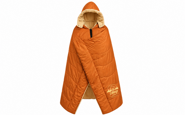 Gestept oranje kapachtig omslag met beige voering, zichtbare korte rits bovenaan en wit logo met bergsymbool aan de voorkant