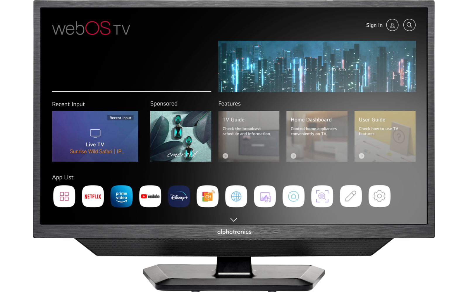 Flat television displaying an open user interface with various apps
