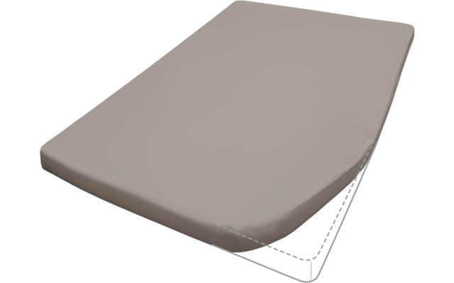 Beige rechthoekige matras met afgeronde hoeken op witte achtergrond, gestippelde contour bij één hoek