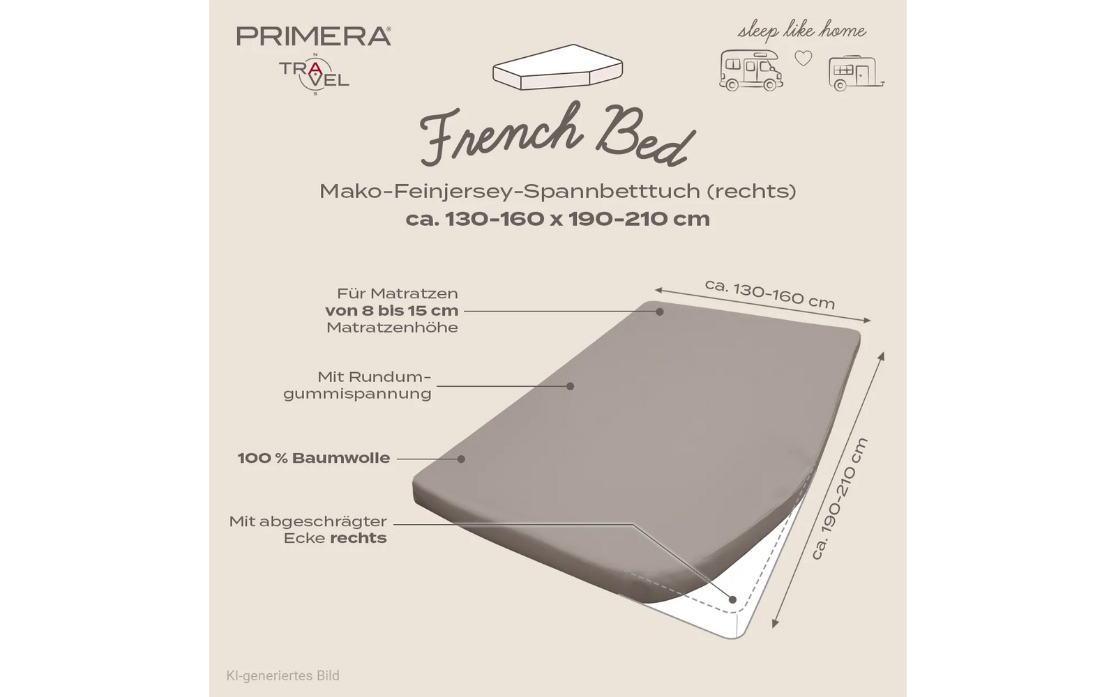 Illustratie van een bruin-grijs hoeslaken op een matras, zichtbare tekst 'French Bed', 'PRIMERA TRAVEL' en afmetingen 'ca. 130–160 × 190–210 cm', aanvullende tekst '100% katoen'