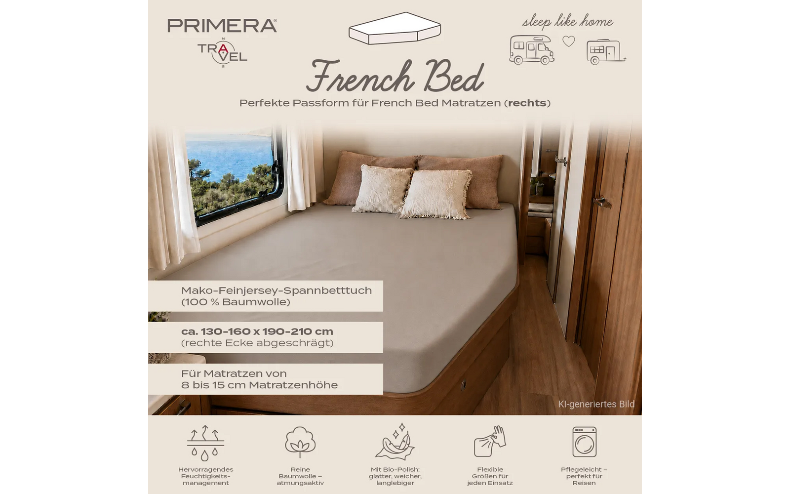 Interieur van een camper met een French-bed, grijs hoeslaken, twee kussens, raam met zeezicht, houten kasten en productlogo bovenaan
