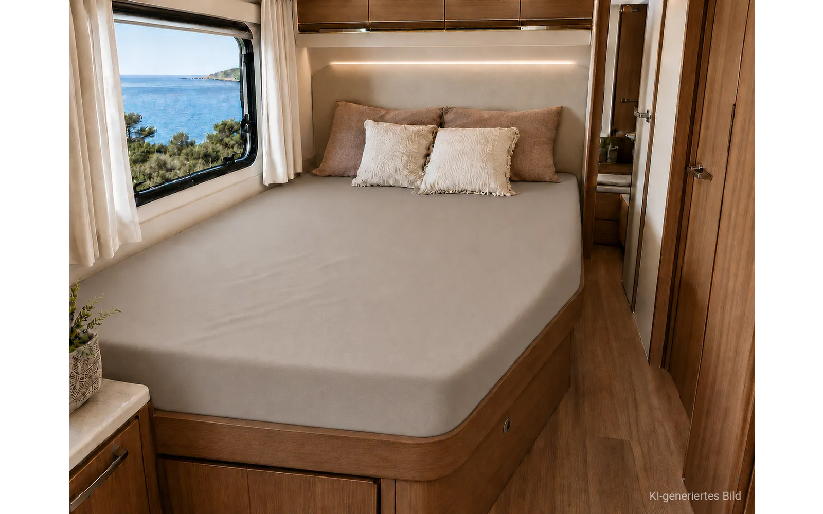 Interieur met slaapplaats, bed met beige hoeslaken, twee beige kussens, houten kasten en houten vloer, raam met zee- en kustzicht, open gordijnen, kleine potplant op het oppervlak