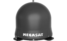 Donkergrijze koepelvormige satellietantenne met wit MEGASAT-logo