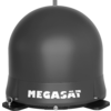 Dunkelgraue kuppelförmige Satellitenantenne mit weißem MEGASAT-Logo