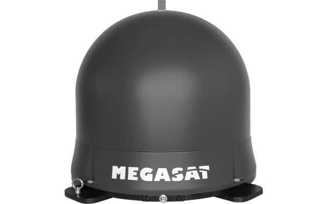 Dunkelgraue kuppelförmige Satellitenantenne mit weißem MEGASAT-Logo