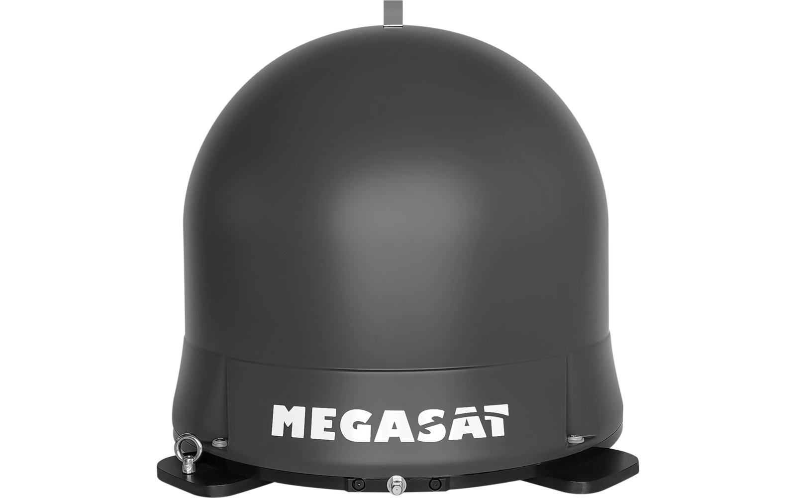 Dunkelgraue kuppelförmige Satellitenantenne mit weißem MEGASAT-Logo