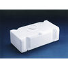 White rectangular plastic container with a round cap on top and rounded corners, on a blue background