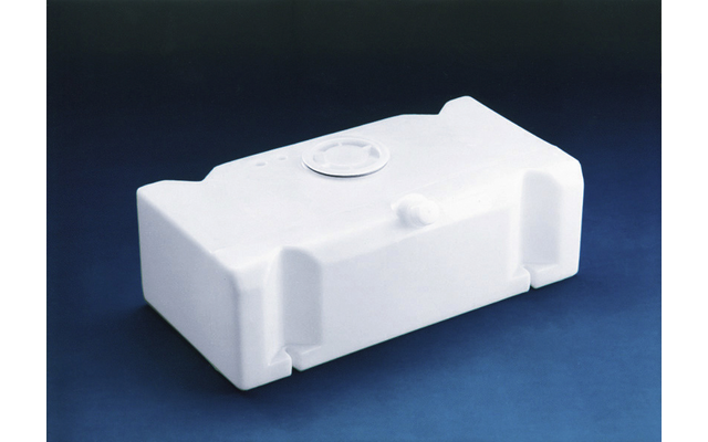 White rectangular plastic container with a round cap on top and rounded corners, on a blue background