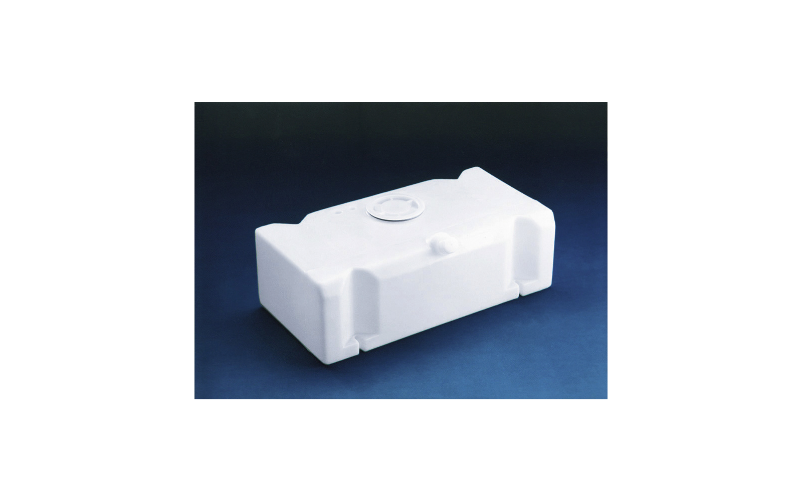 White rectangular plastic container with a round cap on top and rounded corners, on a blue background