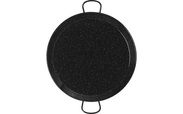 Draufsicht auf eine runde, flache schwarze Pfanne mit weißen Sprenkeln und zwei gegenüberliegenden Metallgriffen, leer