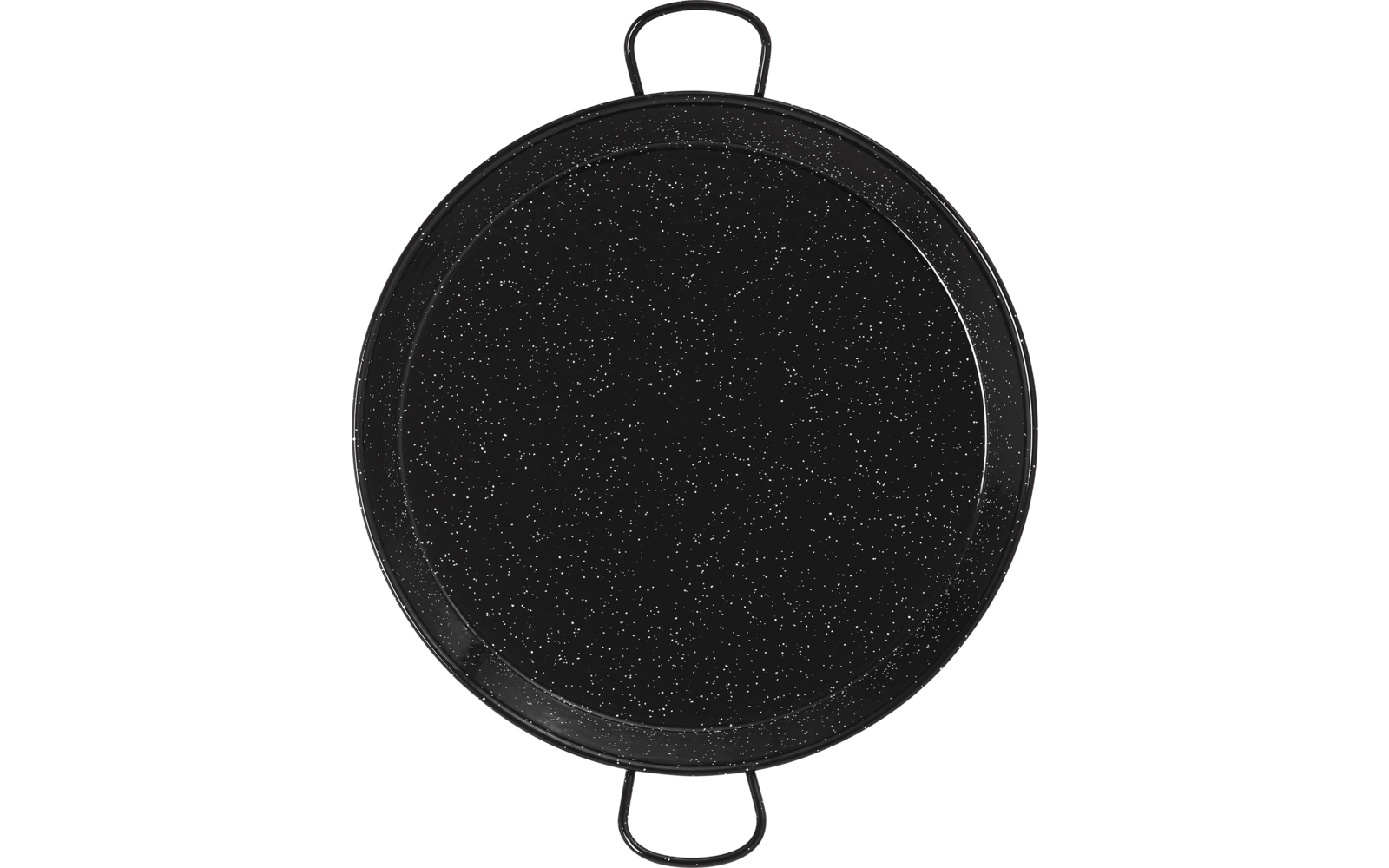Draufsicht auf eine runde, flache schwarze Pfanne mit weißen Sprenkeln und zwei gegenüberliegenden Metallgriffen, leer