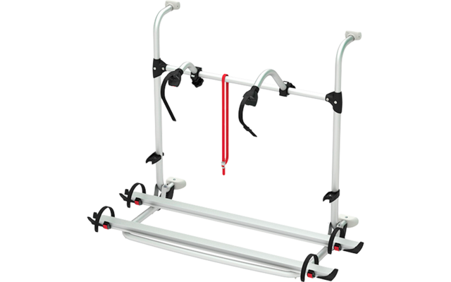 Porte-vélos en métal avec supports et une sangle rouge sur fond blanc