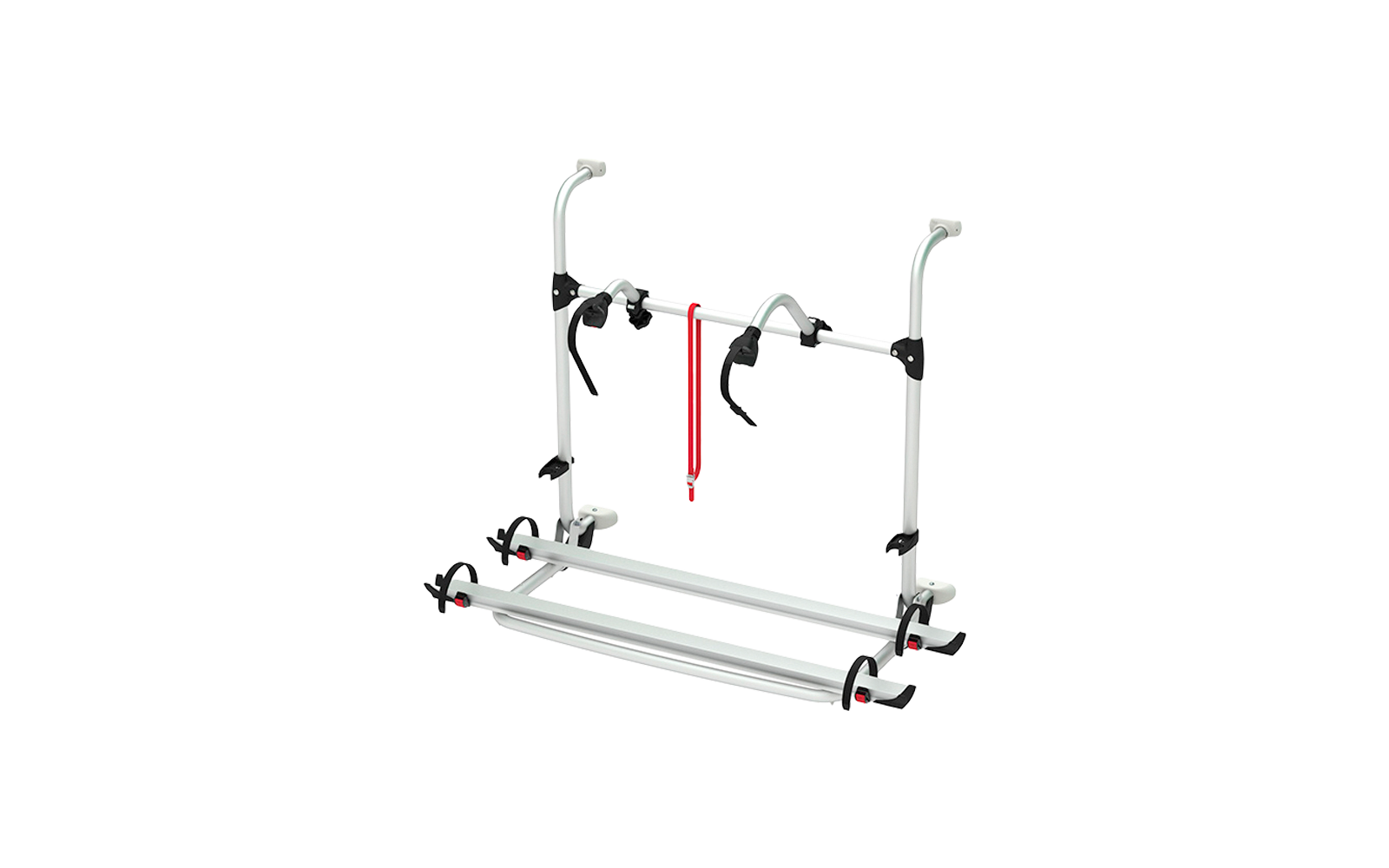 Porte-vélos en métal avec supports et une sangle rouge sur fond blanc