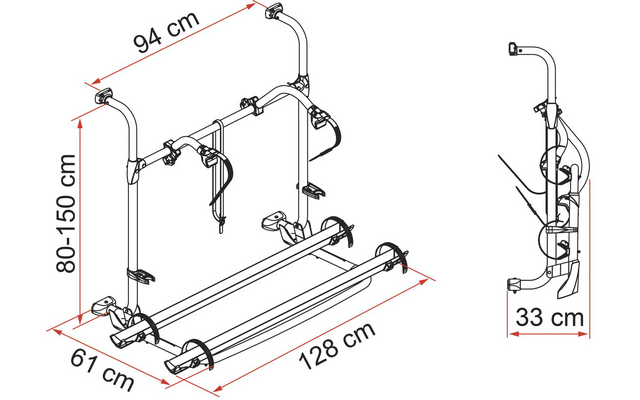 Dessin technique en noir et blanc d’un ensemble de fixation avec deux rails horizontaux, trois montants verticaux avec crochets, supports de roue et cotes 94 cm, 80–150 cm, 61 cm, 128 cm ; vue latérale avec 33 cm