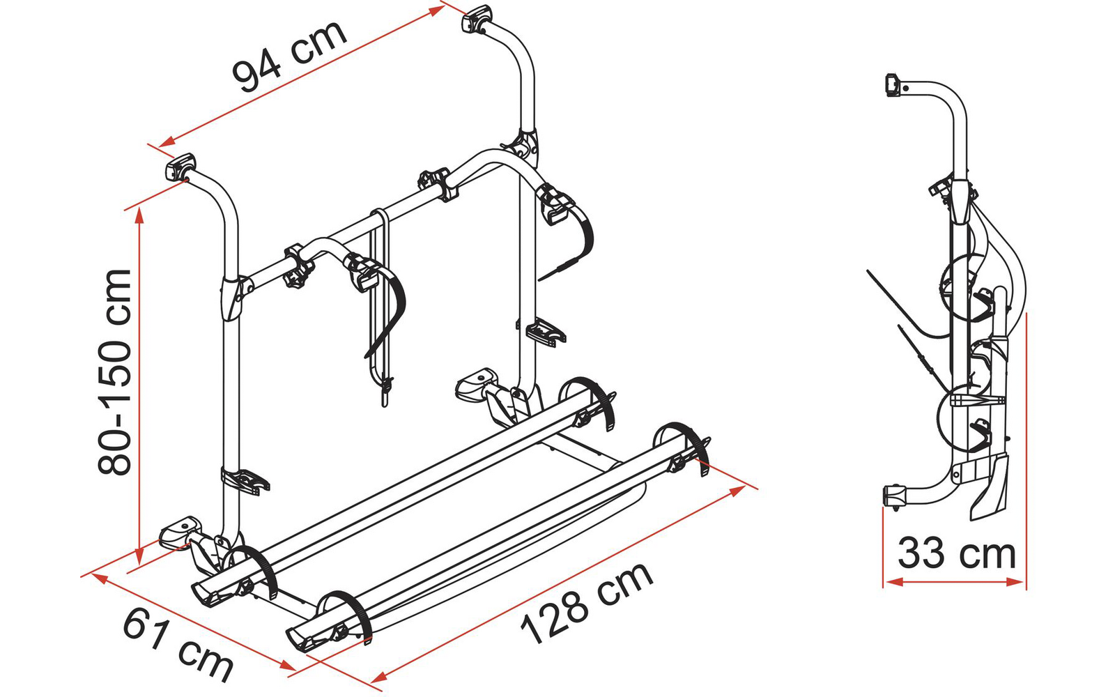 Dessin technique en noir et blanc d’un ensemble de fixation avec deux rails horizontaux, trois montants verticaux avec crochets, supports de roue et cotes 94 cm, 80–150 cm, 61 cm, 128 cm ; vue latérale avec 33 cm