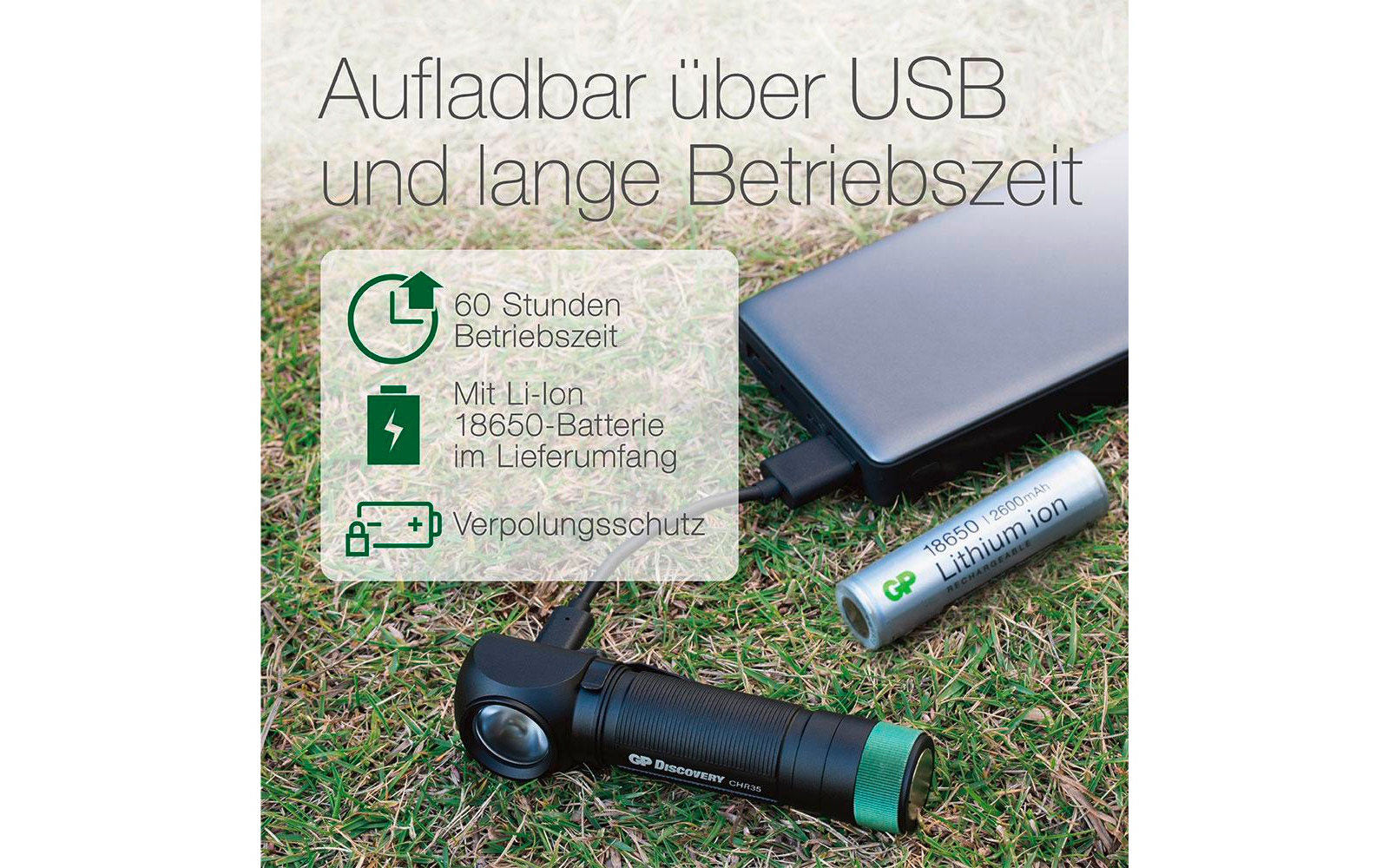Produktbild GP Batteries CH35 Multifunktions-Stirnlampe 600 Lumen mit USB-Ladefunktion 1