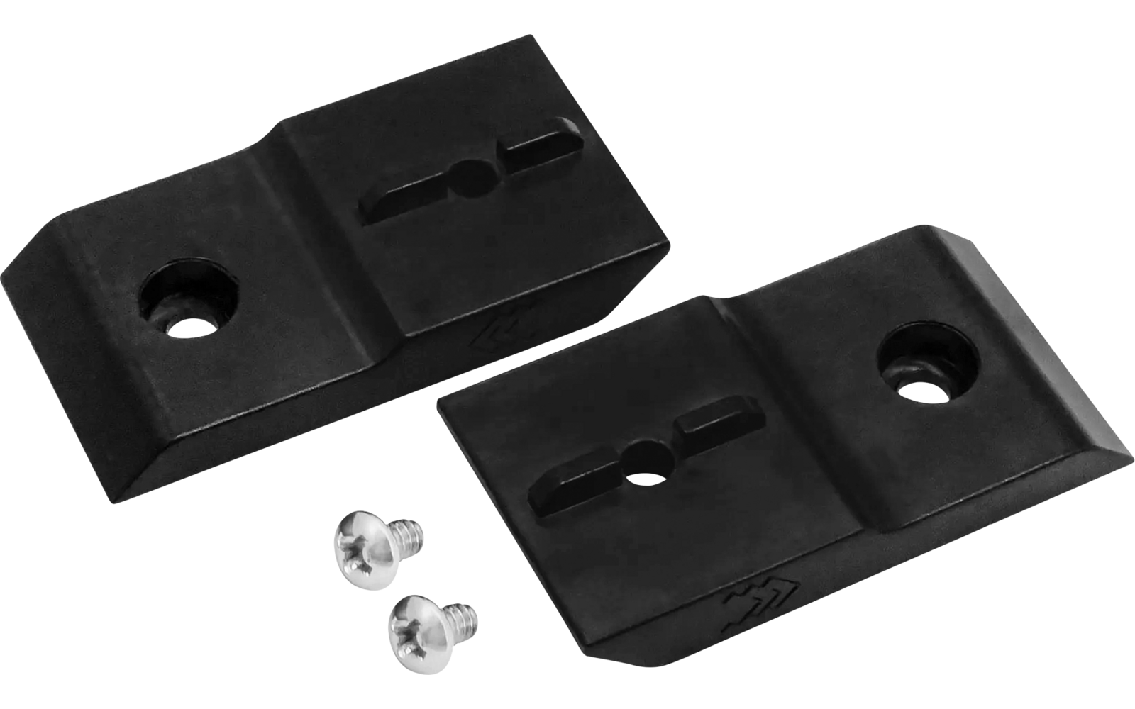 Deux supports en plastique noir avec chacun un trou et deux petites vis argentées devant