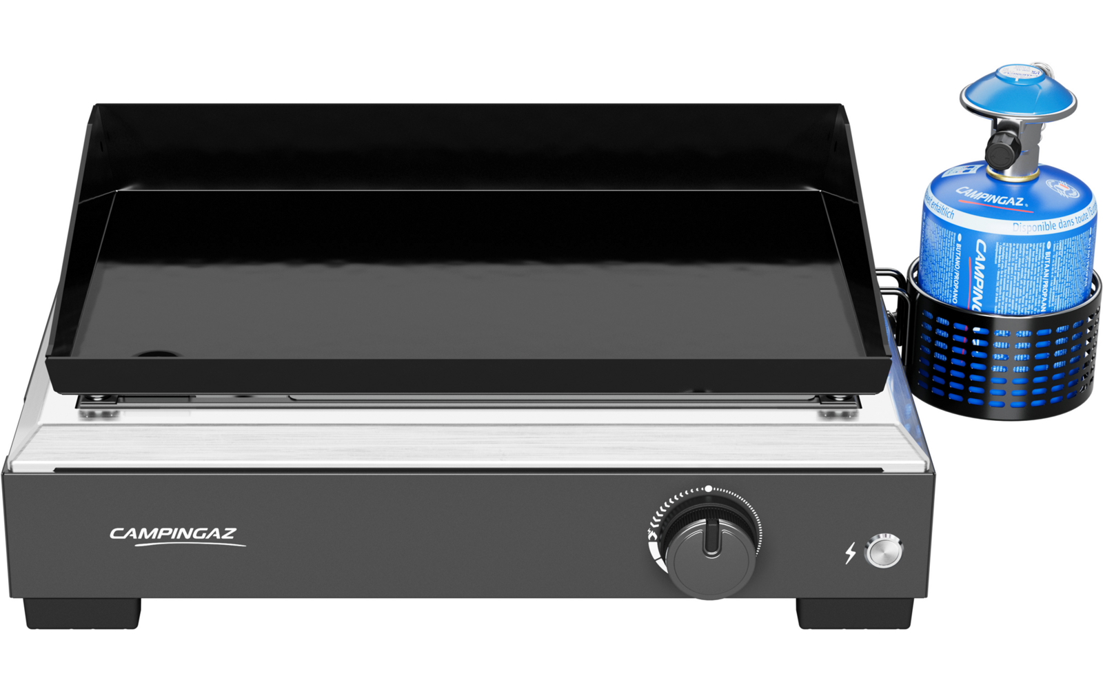 Tischgrill mit schwarzer rechteckiger Grillplatte, silbernem Gehäuse, Frontregler und rechts angeschlossener blauer Gasflasche