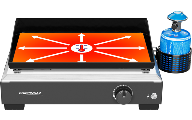 Rechteckiger Campingkocher mit flacher Grillplatte; auf der orangefarbenen Platte weiße Pfeile, die von einem zentralen Thermometer-Symbol nach außen zeigen; silbernes Gehäuse mit vorderem Drehregler; rechts angeschlossene blaue Gasflasche in schwarz
