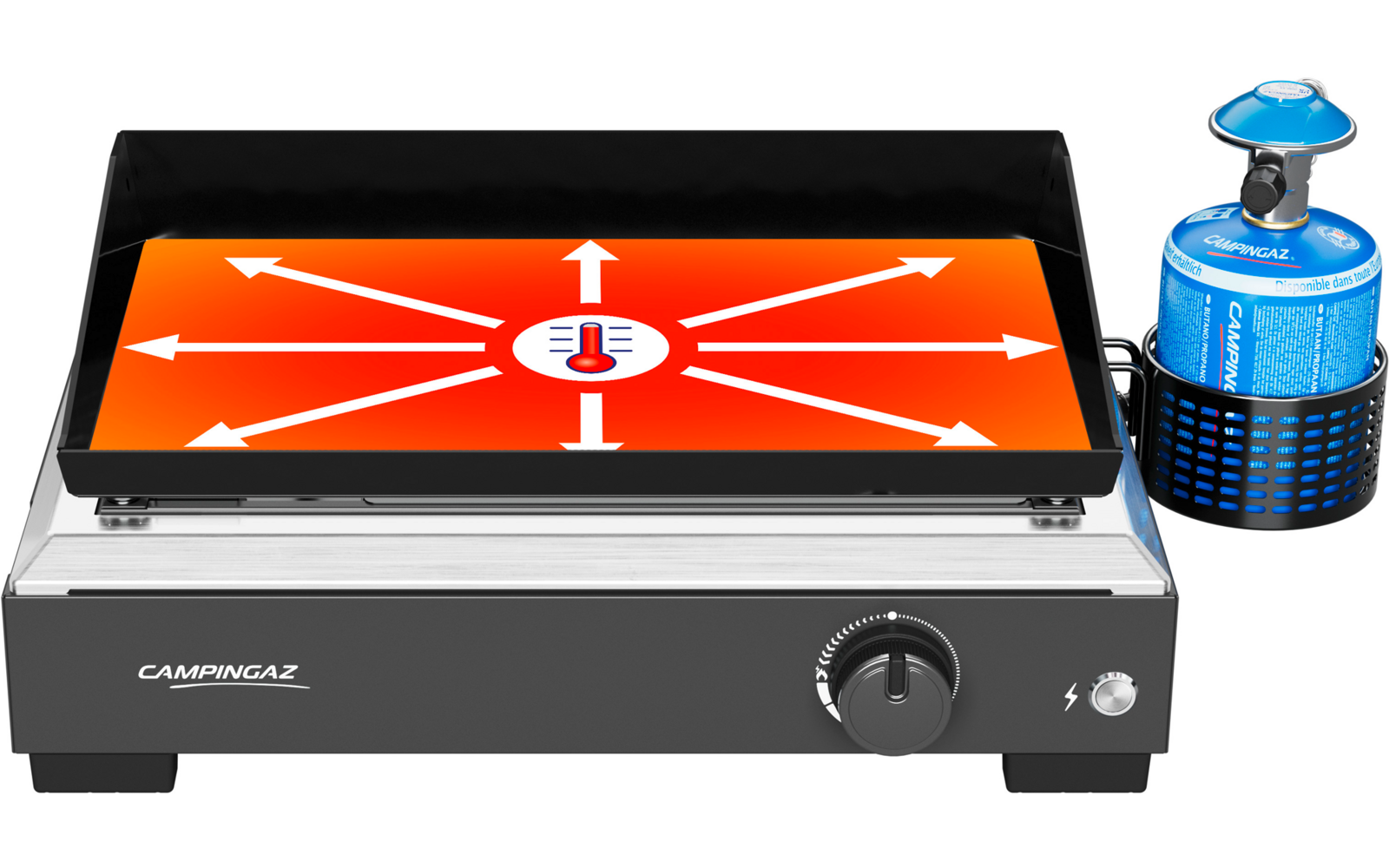 Rechteckiger Campingkocher mit flacher Grillplatte; auf der orangefarbenen Platte weiße Pfeile, die von einem zentralen Thermometer-Symbol nach außen zeigen; silbernes Gehäuse mit vorderem Drehregler; rechts angeschlossene blaue Gasflasche in schwarz