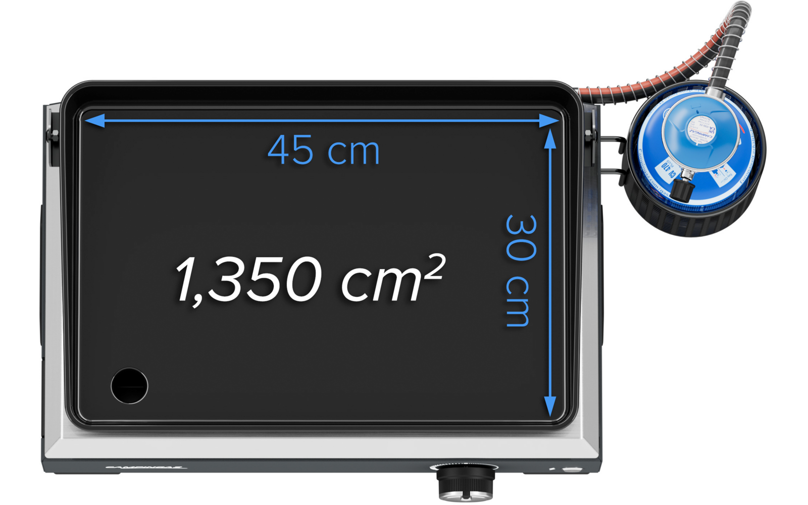 Rechteckige schwarze Fläche mit blauen Pfeilen oben (45 cm) und rechts (30 cm), mittig Text '1,350 cm²', rundes blaues Gerät mit Schlauch oben rechts, silberner Rahmen, Drehknopf unten Mitte, kleines Loch unten links
