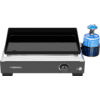 Tabletop griddle with black rectangular cooking plate, silver housing, front control knob and blue gas canister connected at the right