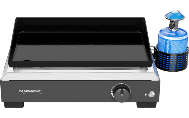 Tabletop griddle with black rectangular cooking plate, silver housing, front control knob and blue gas canister connected at the right